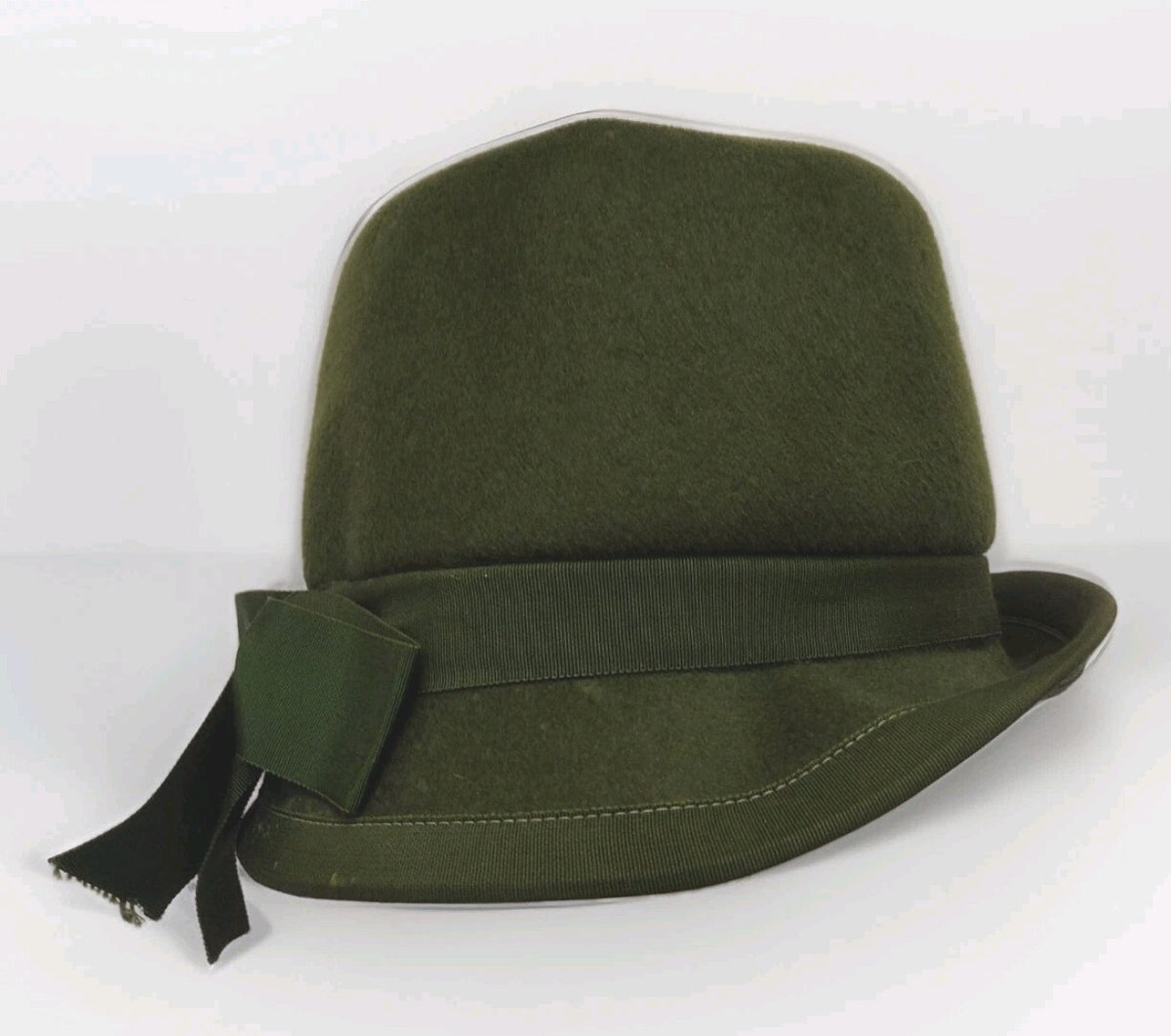 Vintage 1960s Womens Glenover Felt Hat Olive Green Mod Cloche Henry Pollak