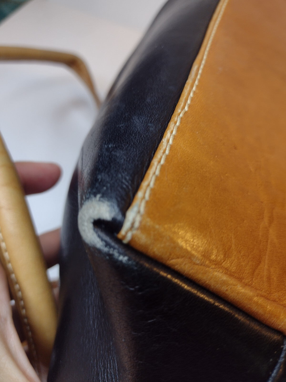 Genuine Leather Shoulder Tote Bag Black Tan Y2K Buckle Satchel Work Office Purse