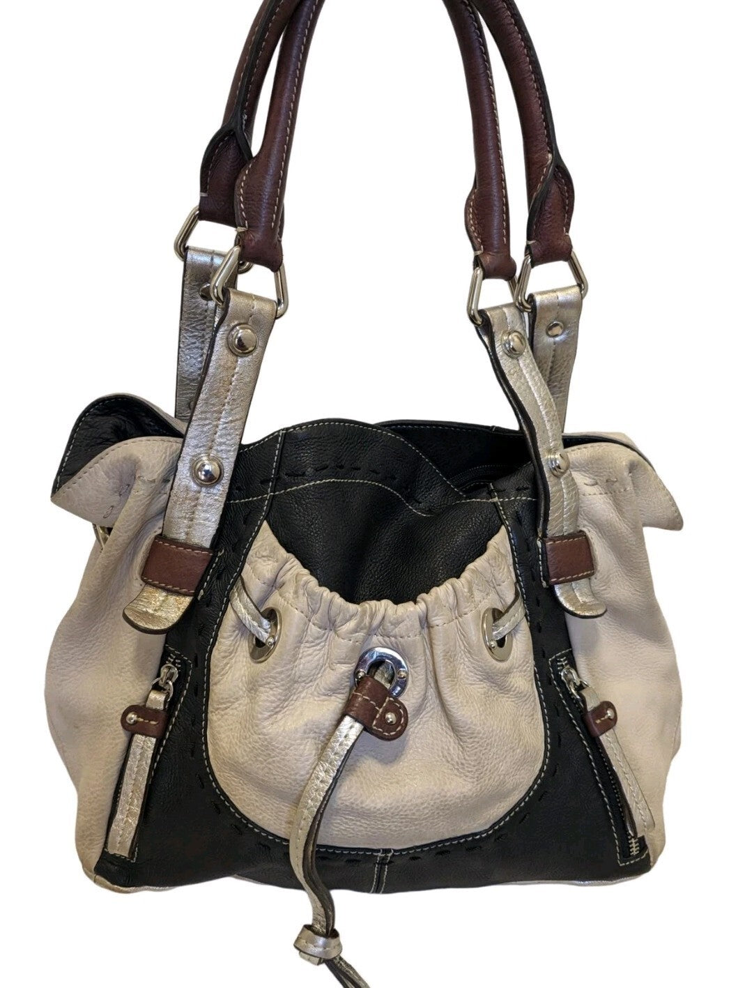 B. Makowsky Colorblock Pebbled Leather Satchel Beige Black Metallic Shoulder Bag