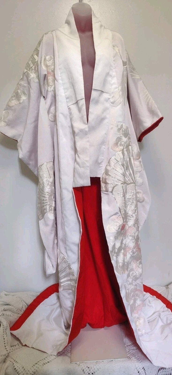 Vintage Japanese Uchikake Wedding Kimono Crane Embroidered Bridal Robe White Red