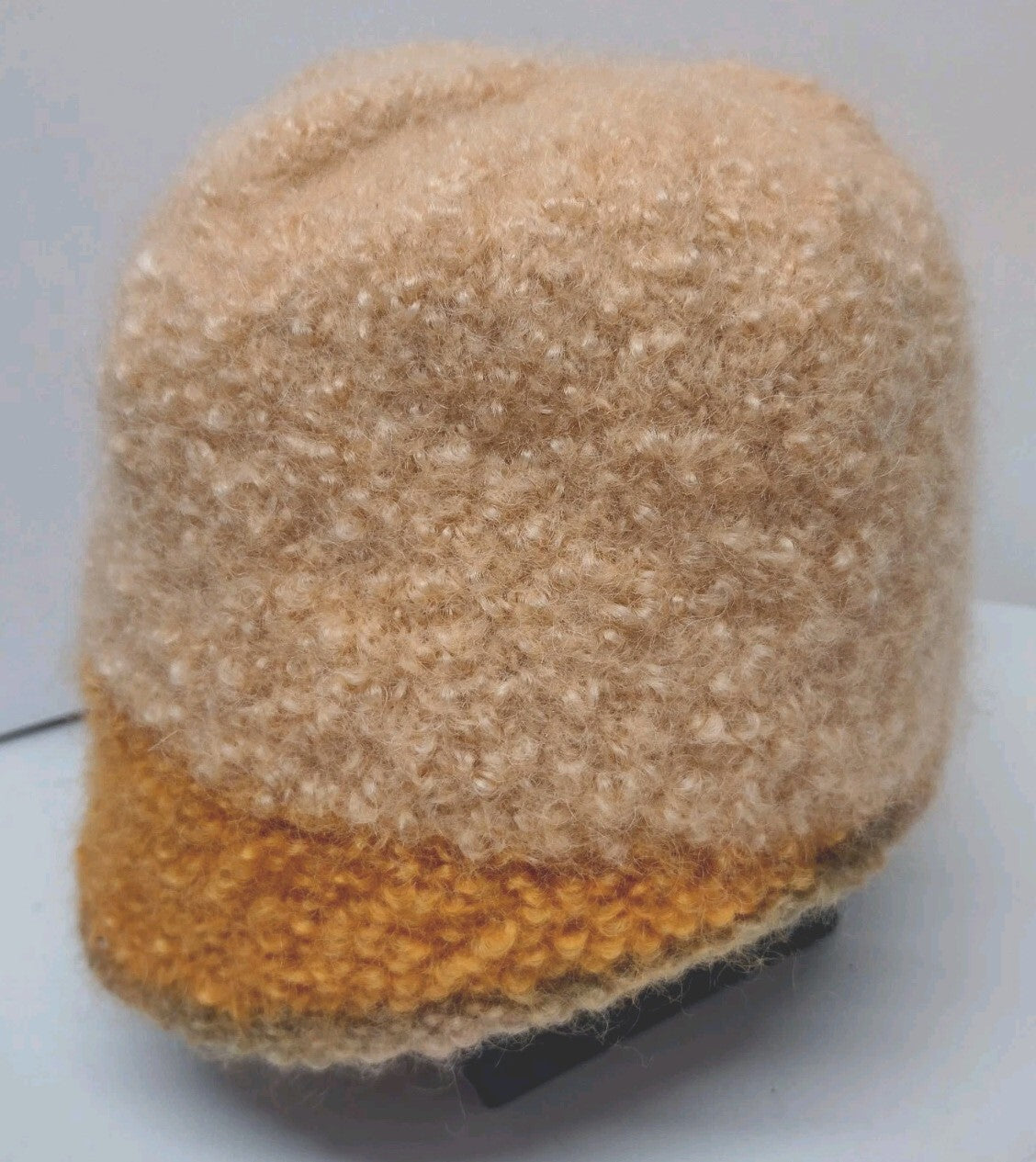 Vintage 70s Hand Knit Fuzzy Wool Blend Cloche Hat Peach Orange Brown Boho