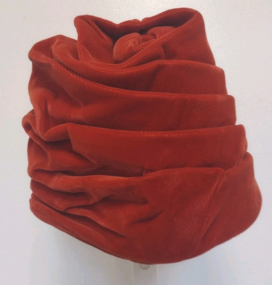 1940s Burnt Orange Velvet Turban Hat Pleated Sculptural Toque Handmade Vintage