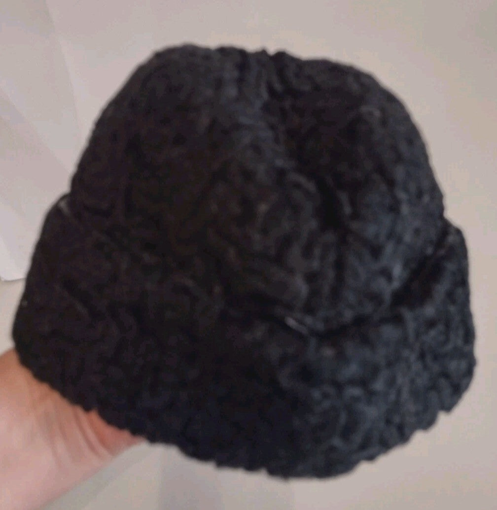 Vintage 1950s 60s Black Curly Lamb Fur Winter Cap Ear Flap Union Made Medium