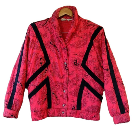 Vintage 80s Bimini Paisley Quilted Jacket Red Black Corduroy Trim Snap Front