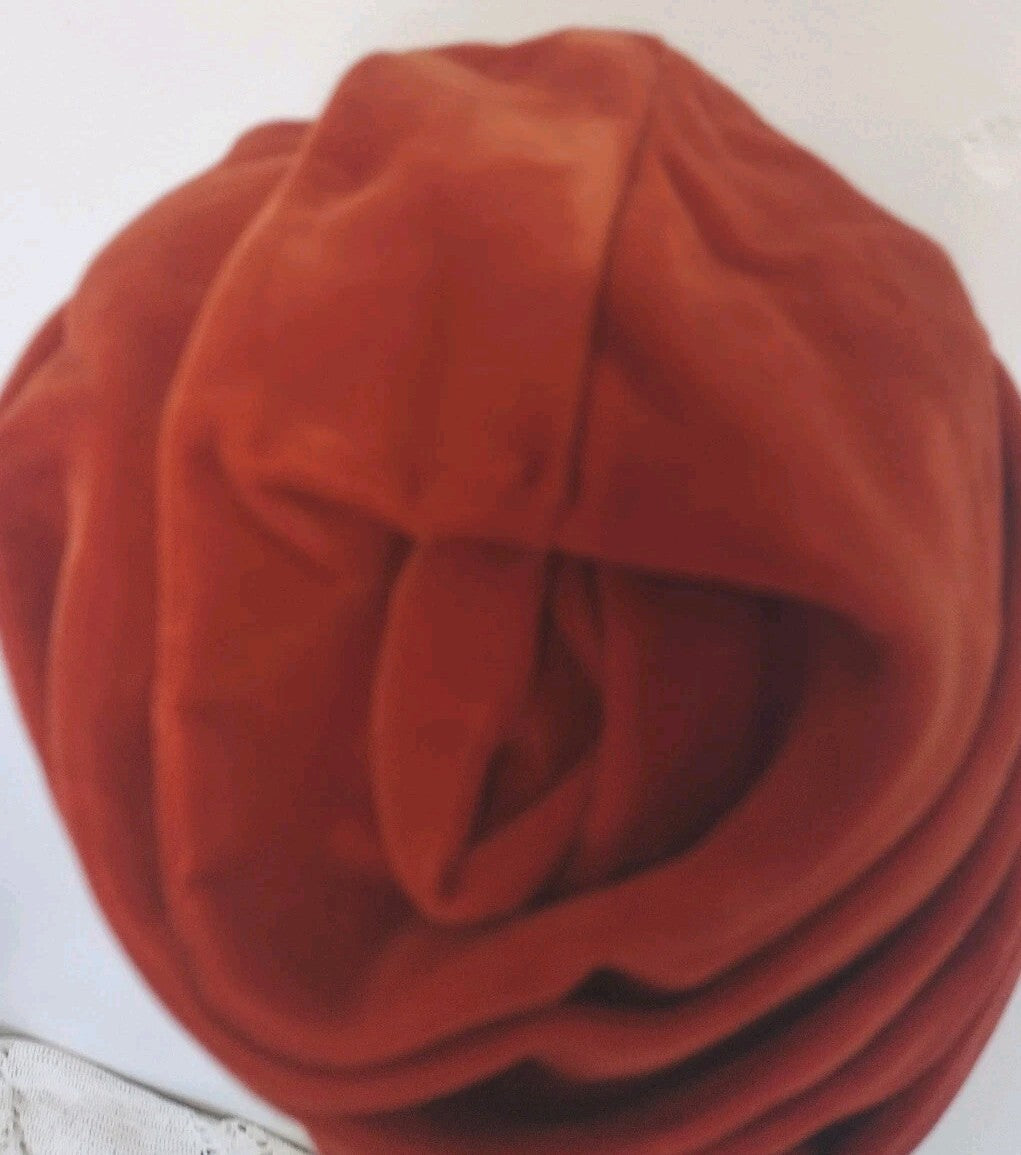 1940s Burnt Orange Velvet Turban Hat Pleated Sculptural Toque Handmade Vintage
