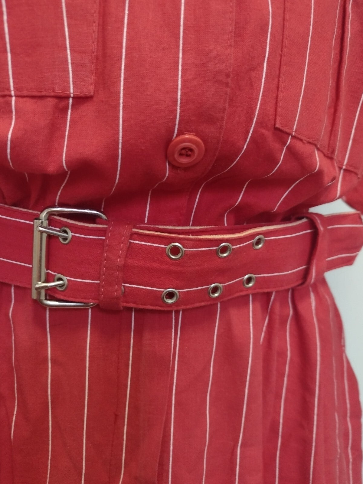 Vintage 1980s Womens Virgo II Dress Red Pinstripe Belted Power Dressing M/L