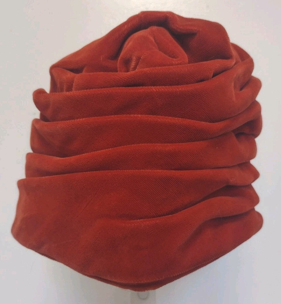 1940s Burnt Orange Velvet Turban Hat Pleated Sculptural Toque Handmade Vintage