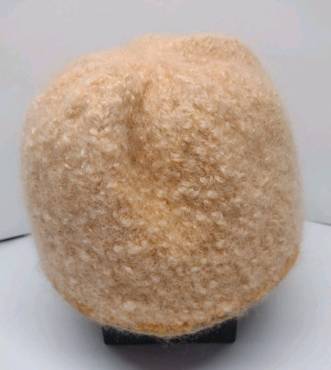 Vintage 70s Hand Knit Fuzzy Wool Blend Cloche Hat Peach Orange Brown Boho