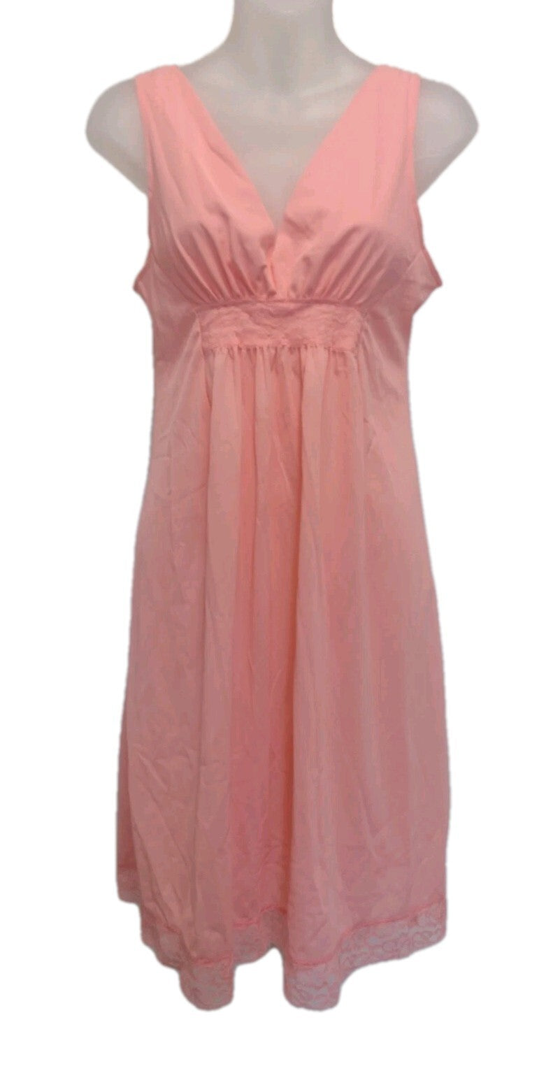 Vintage 70s Coquette Babydoll Nightgown Pink Lace JCPenney Nylon Slip Dress S