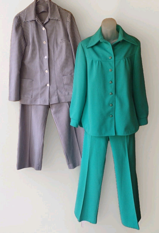 2 Vtg 60s 70s Womens Pantsuits Alex Colman Houndstooth Mod Straight Leg M