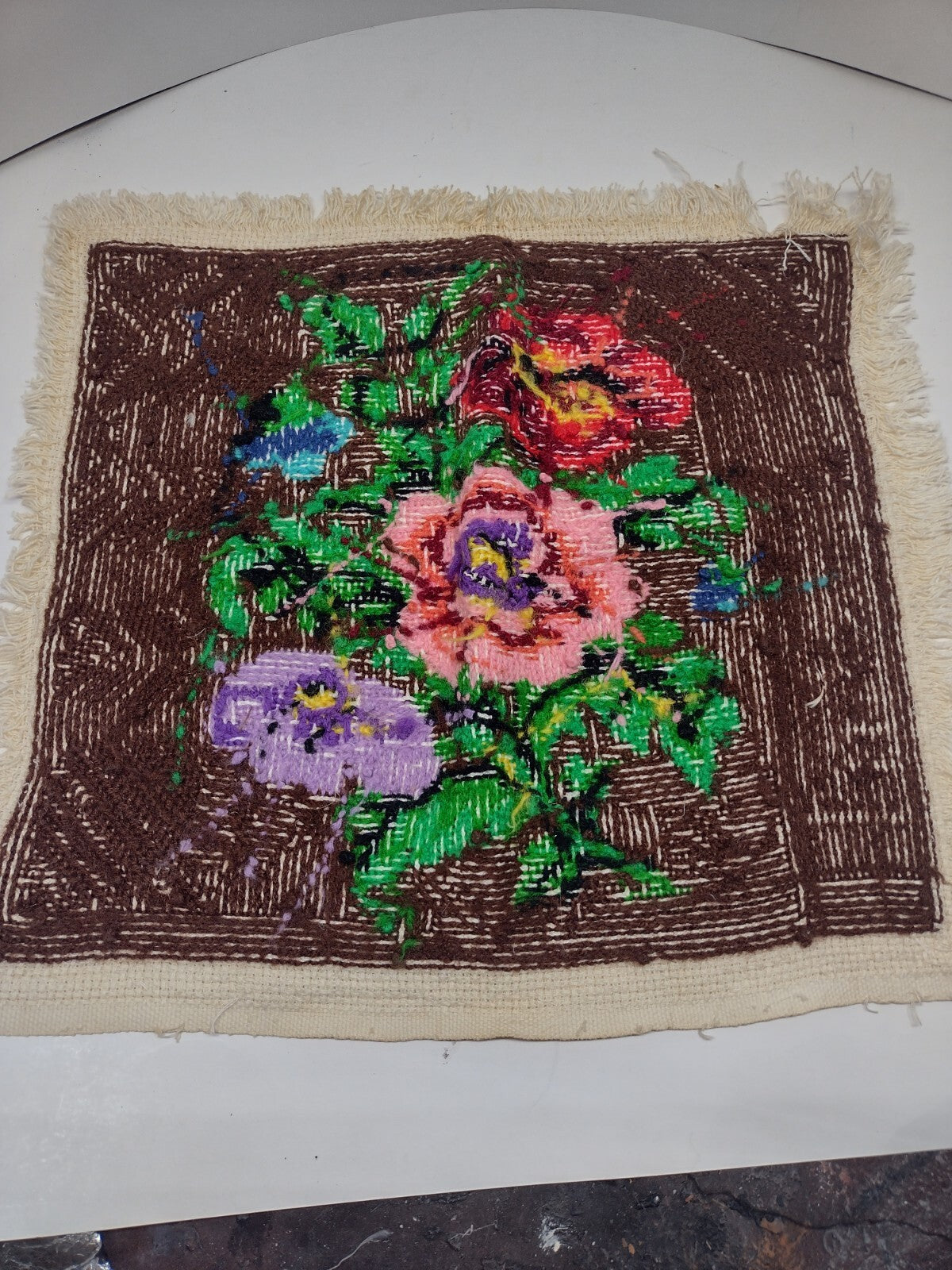 Vintage 60s 70s Floral Needlepoint Tapestry Folk Art Fringed Textile Panel