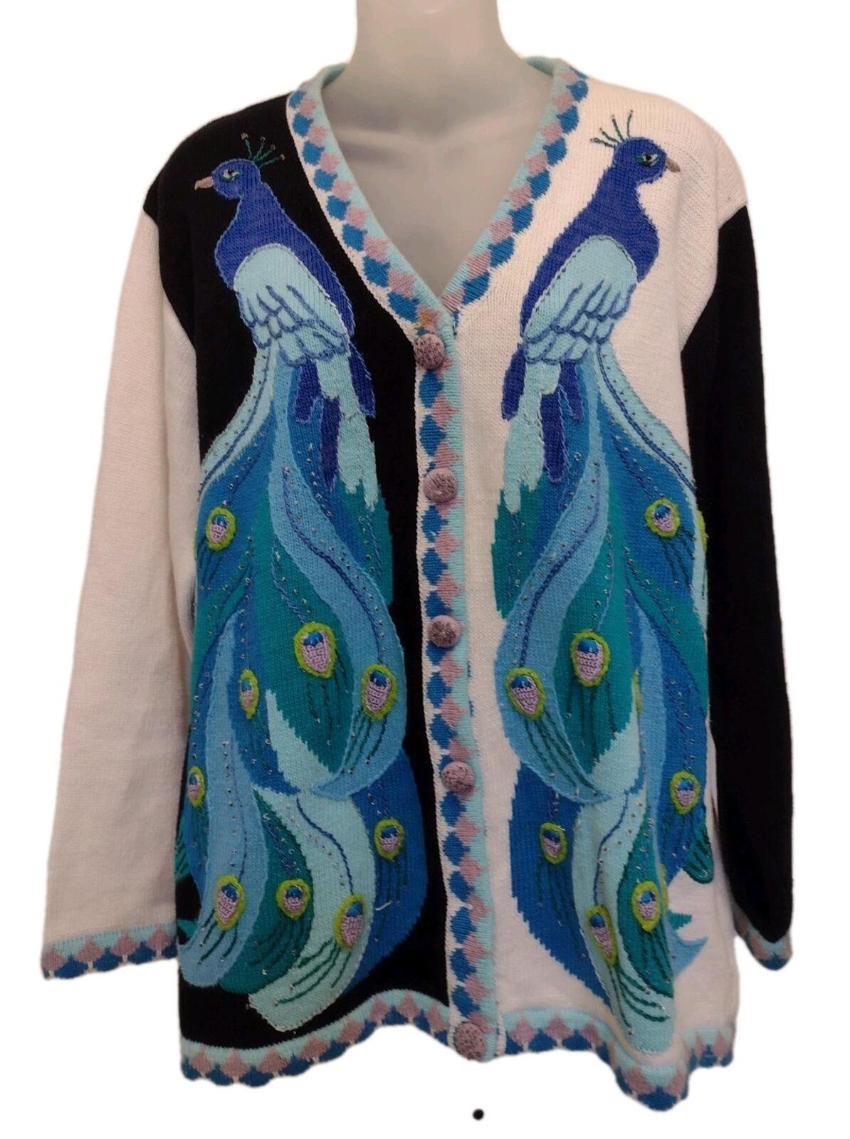 Storybook Knits Regal Plumage Peacock Cardigan L Embroidered