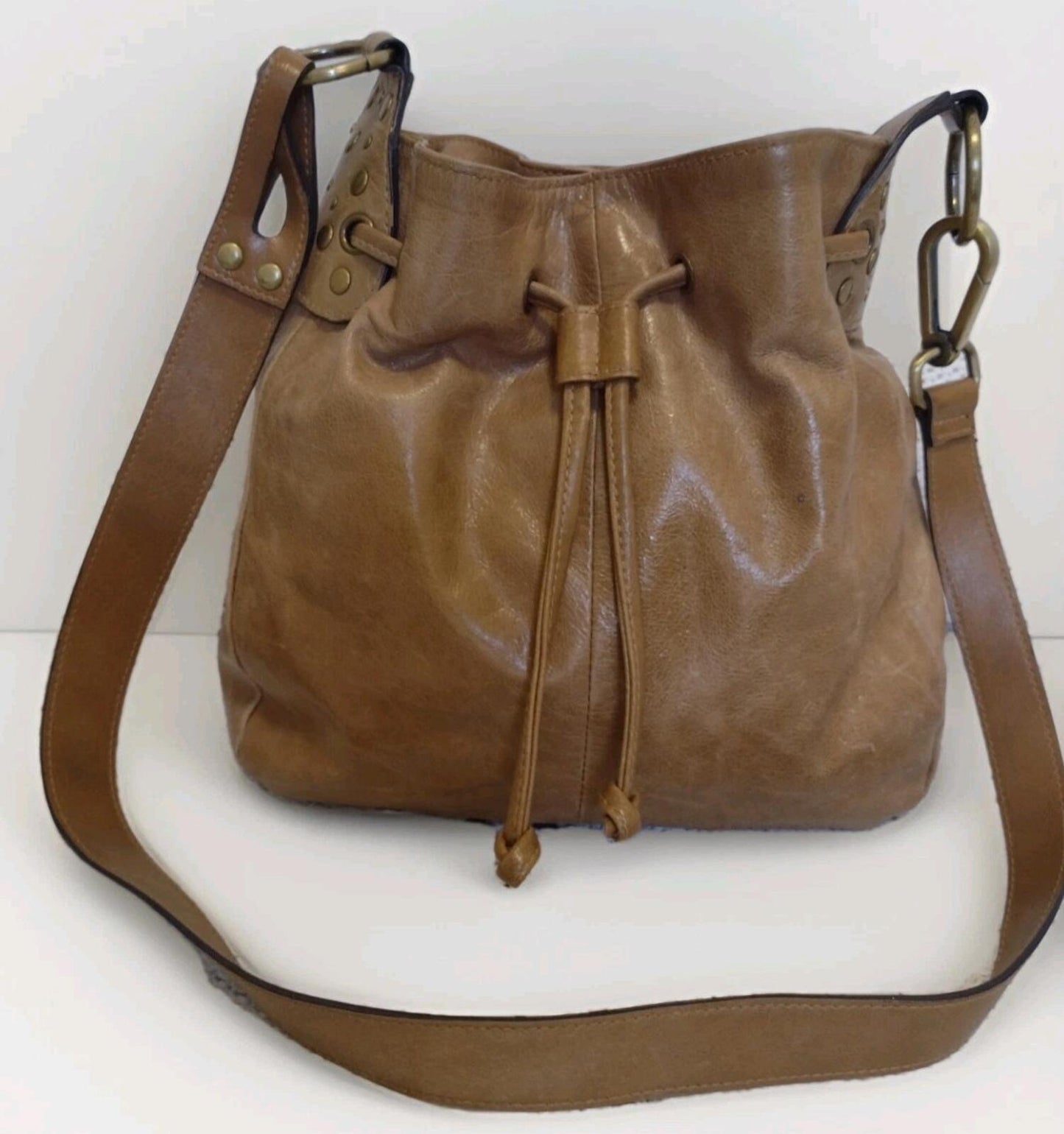 Vintage Tan Leather Drawstring Shoulder Bag Waxed Distressed Finish Stud Accents