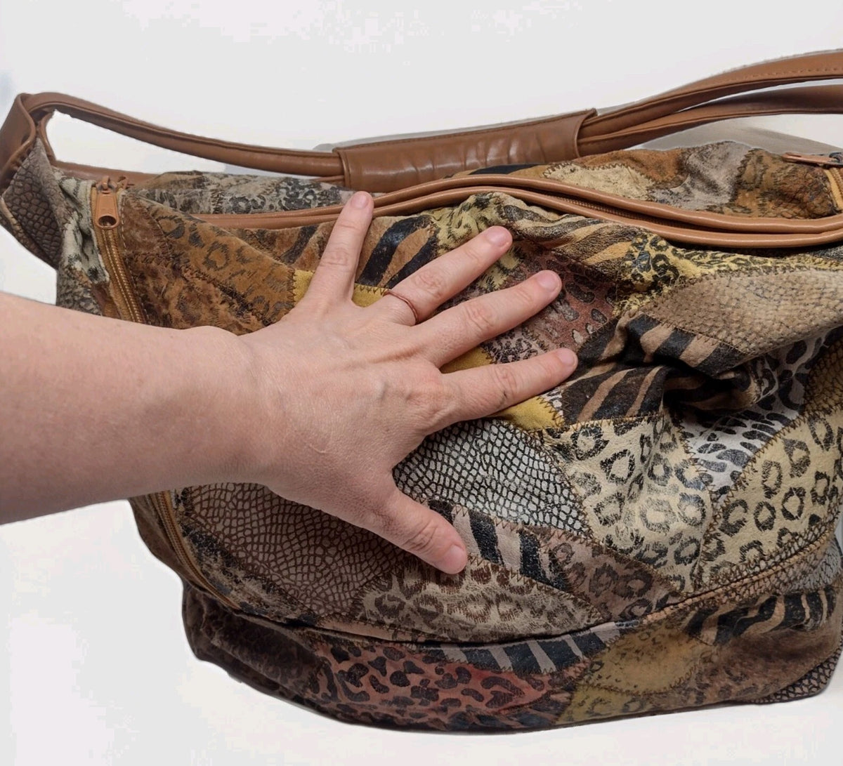 Y2K Patchwork Suede Leather Hobo Bag Animal Print Boho Oversized Weekender