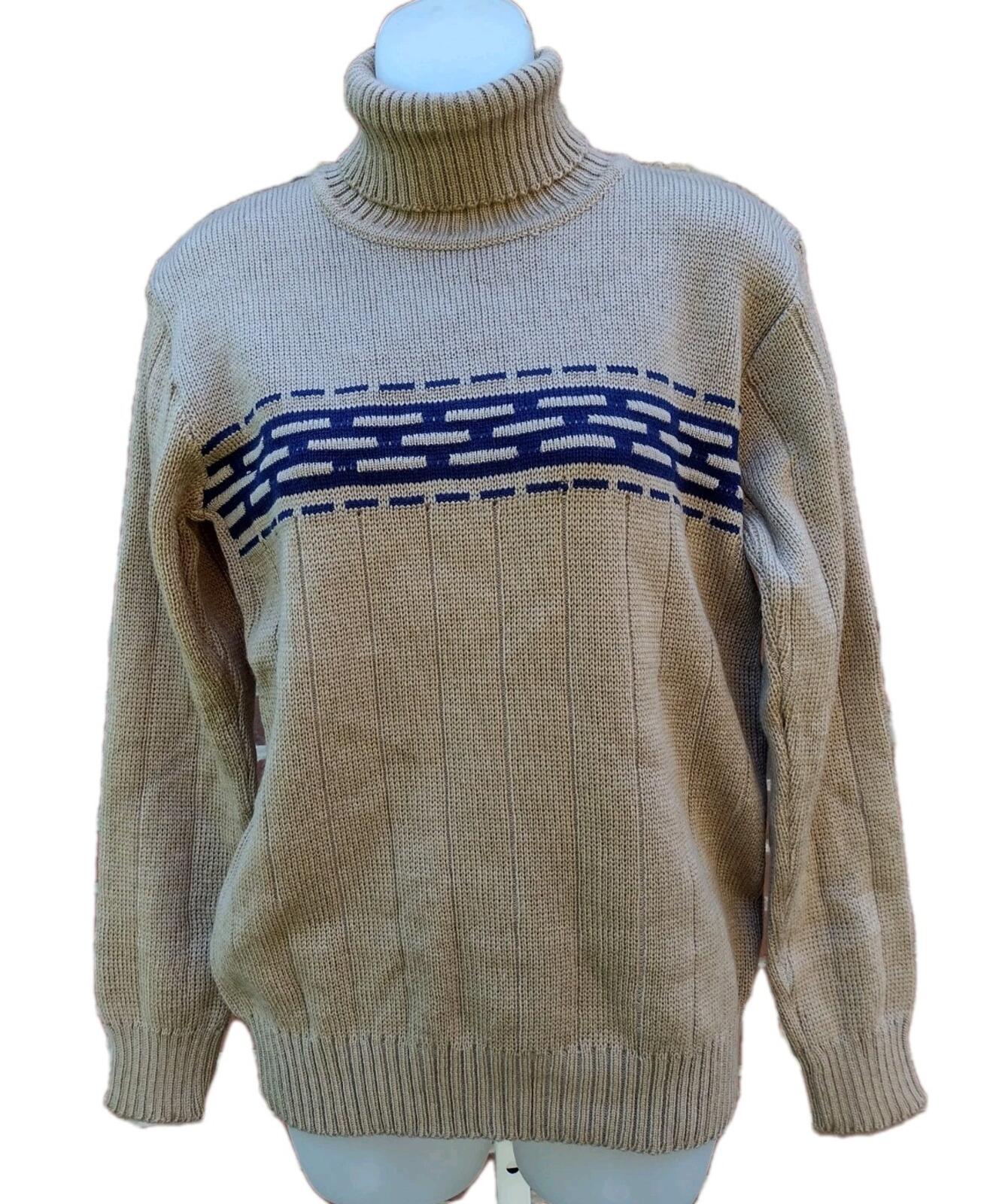 Vintage Tan Navy Turtleneck Sweater Acrylic Blend Ribbed Knit Women M/LSki