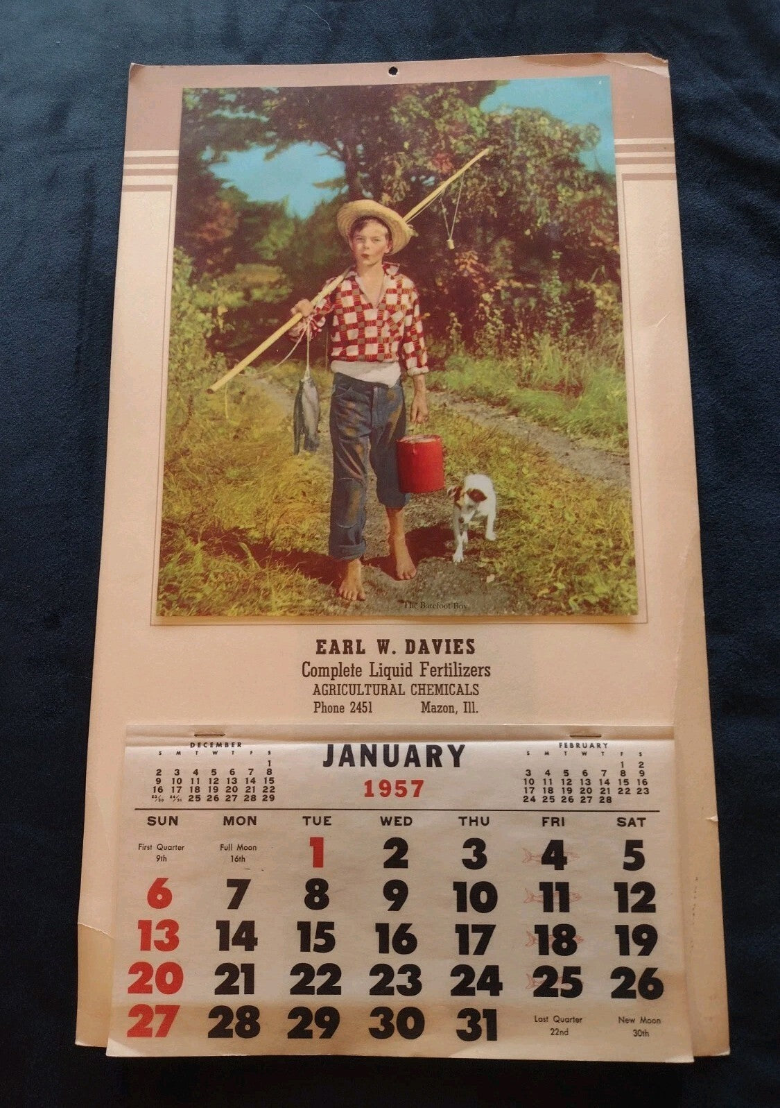 1957 Advertising Calendar Barefoot Boy Farm Mazon Illinois Vintage Complete