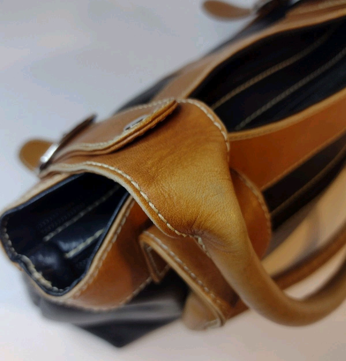 Genuine Leather Shoulder Tote Bag Black Tan Y2K Buckle Satchel Work Office Purse