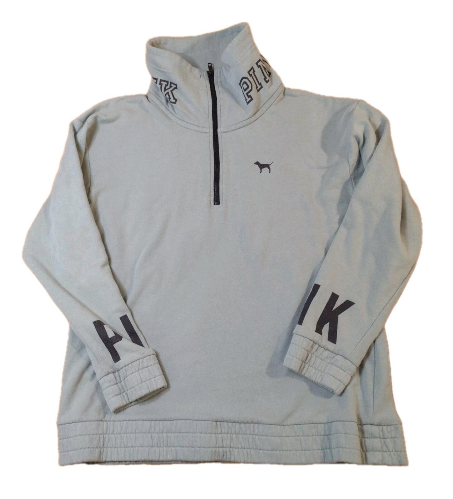 Y2K VS PINK Sweatshirt Sage Green Half Zip Cowl Neck Elastic Waist Dog Emblem M