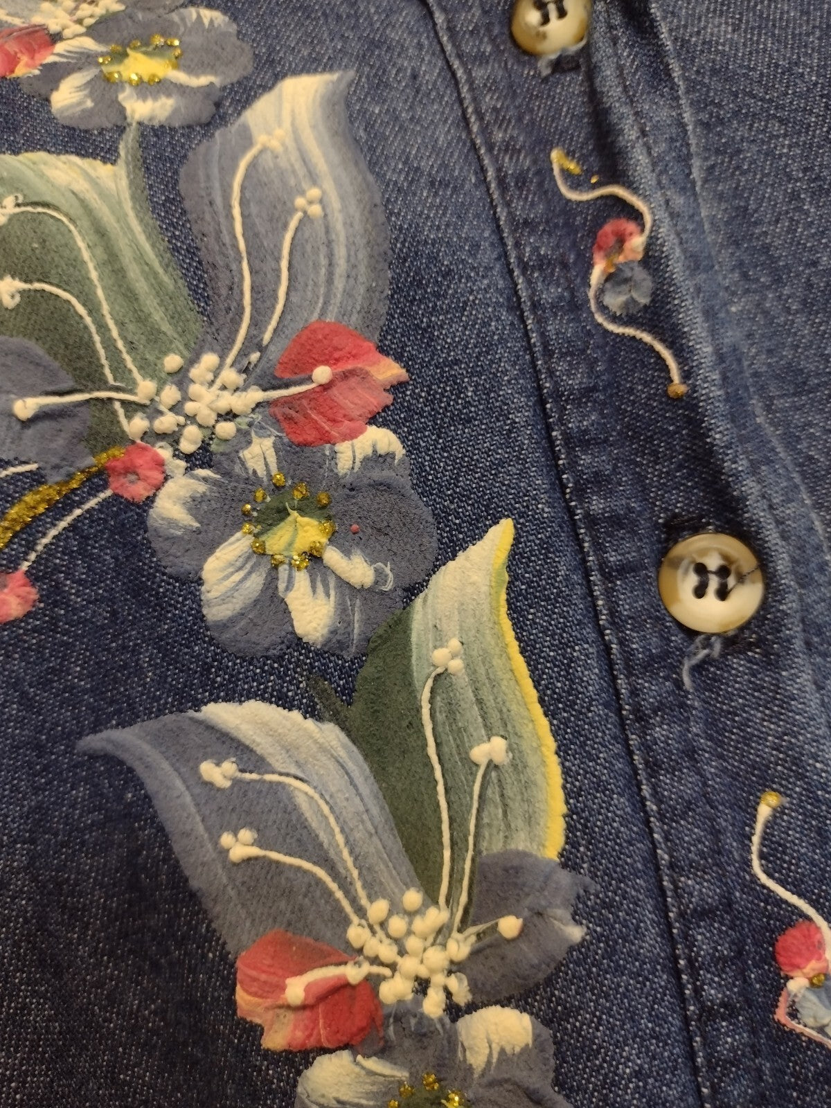 Vintage 90s Denim Maxi Dress M Susan Fetty Hand Painted Floral Wearable ArtSz M