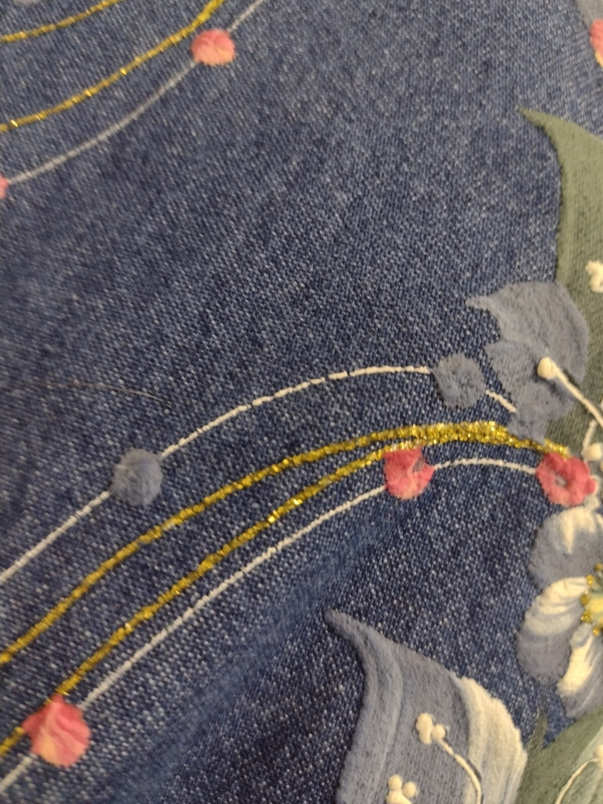 Vintage 90s Denim Maxi Dress M Susan Fetty Hand Painted Floral Wearable ArtSz M