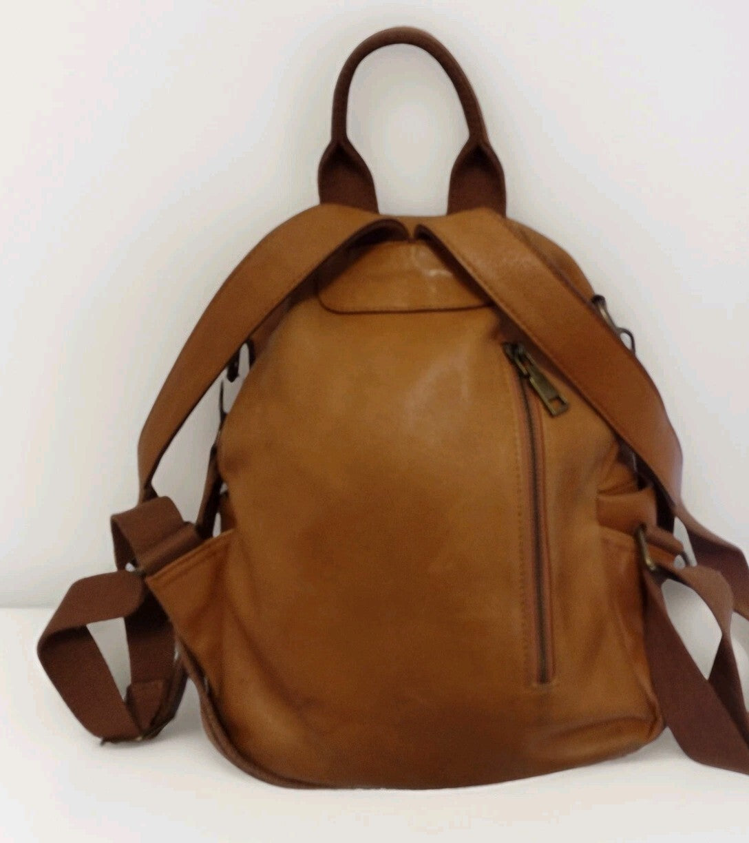 Boho Cognac Leather Backpack Distressed Rucksack Utility Pocket Y2K Style Bag