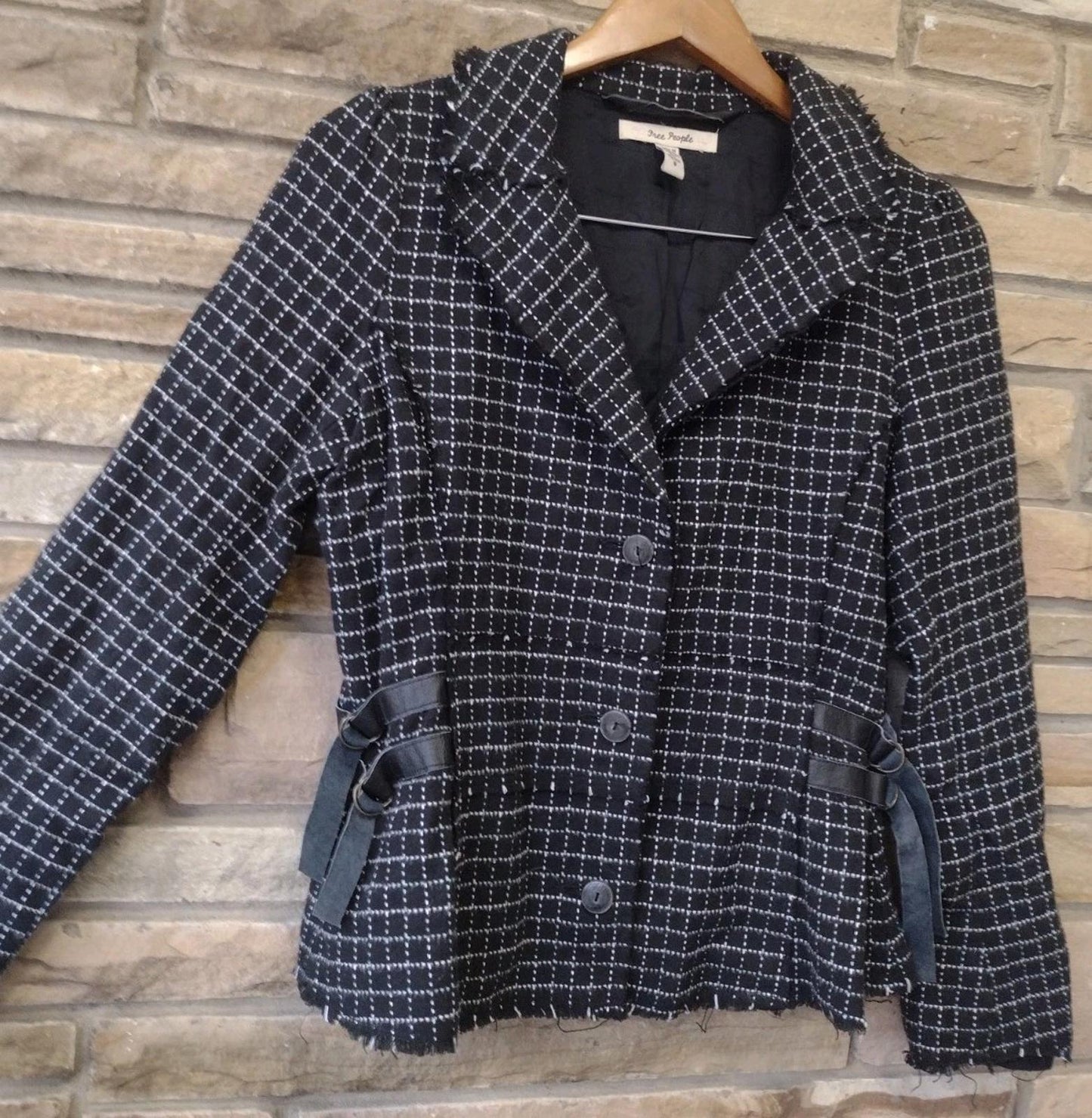 VTG 90s Y2K Free People Grid Tweed Blazer Jacket Size 8 Raw Edges Leather Straps