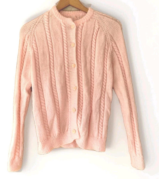 Vintage 70s Hand Knit Pink Cable Cardigan Sweater Cottagecore Grandma Core