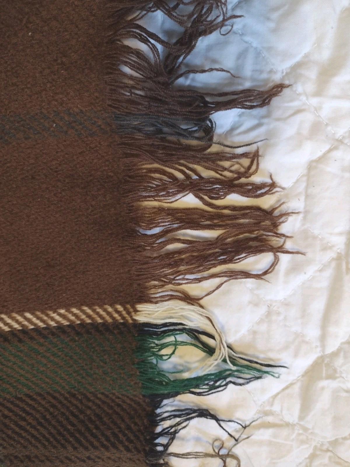 VTG 70s Wool Plaid Stadium Blanket Brown Green Double Cloth Fringe Monogram S