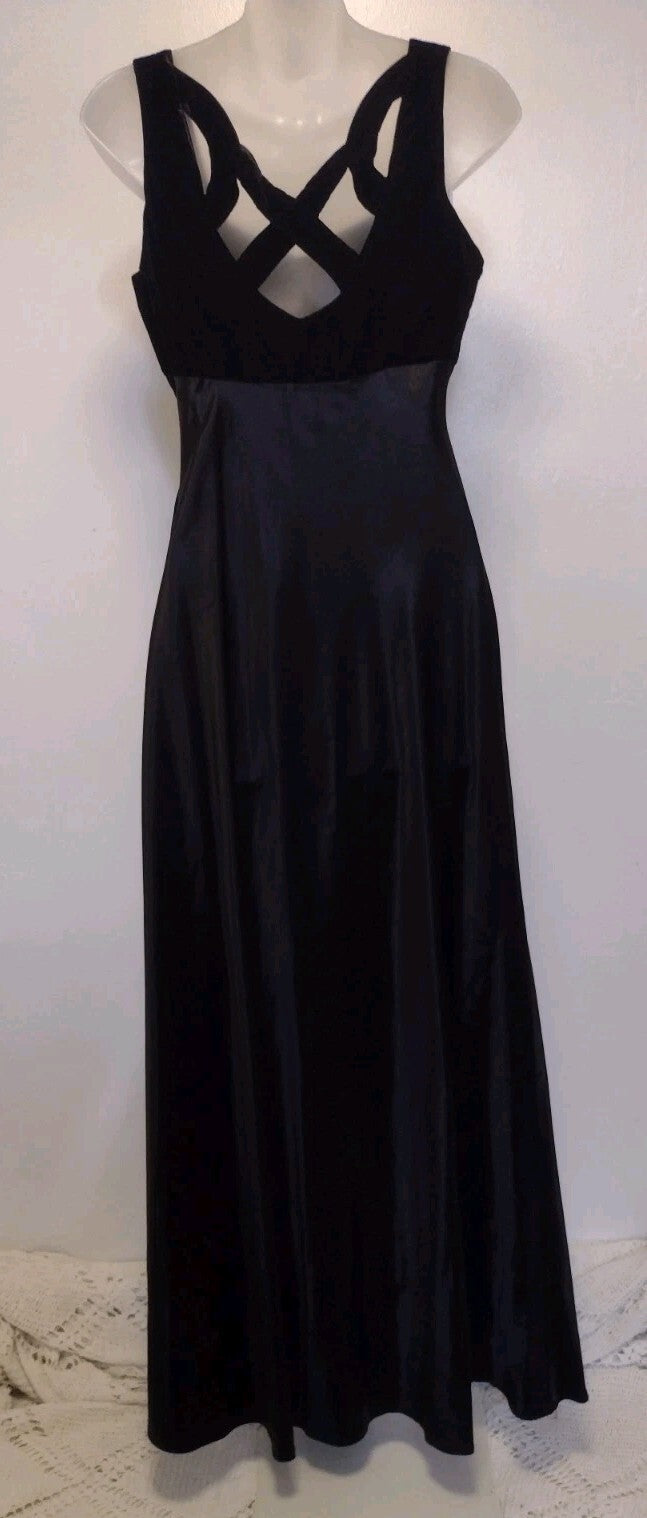 Vintage 90s All That Jazz Black Velvet Satin Maxi Dress Goth Formal Strappy