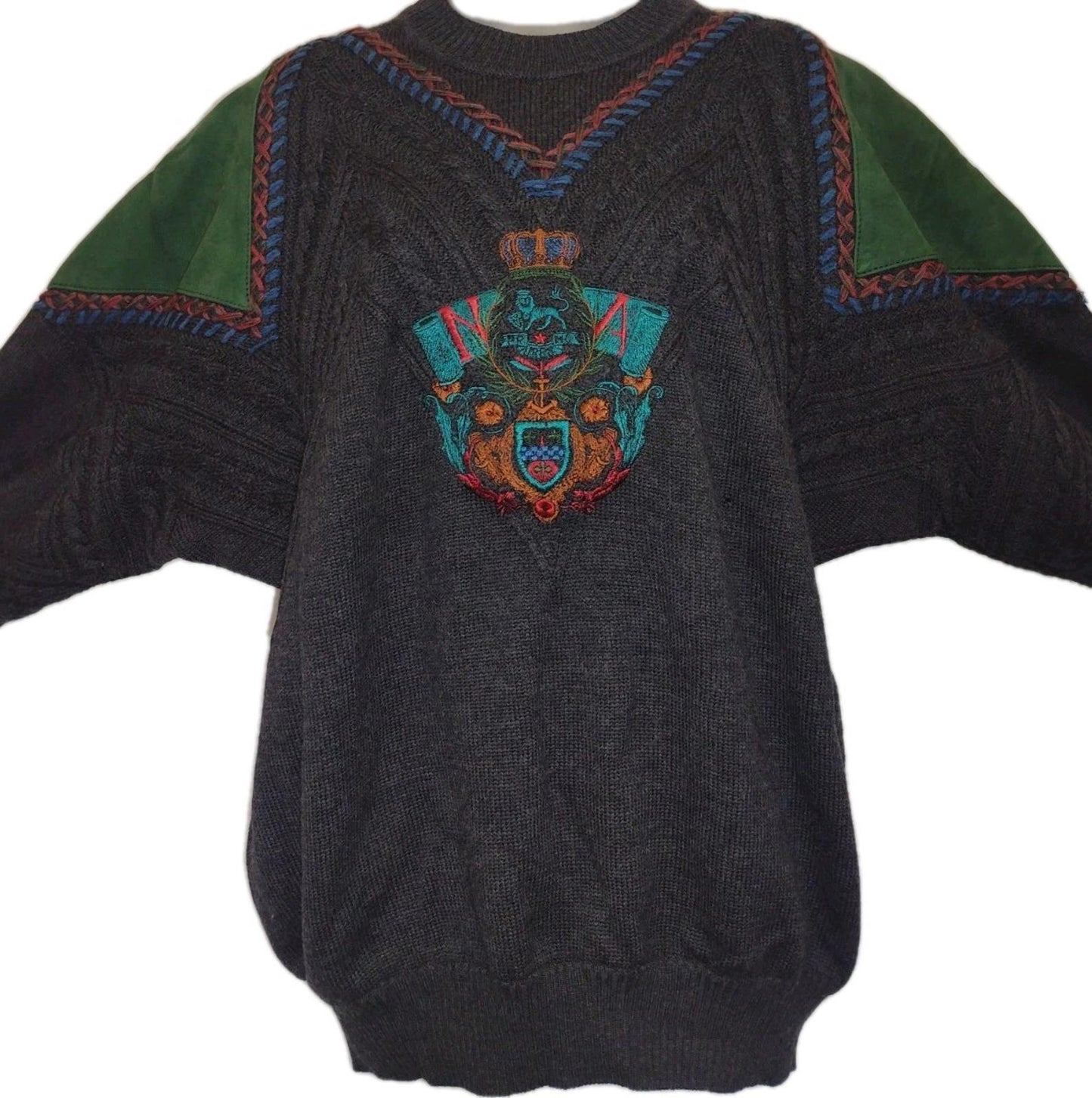 Rare Vintage 90s Bruno Magli Italy Wool Sweater L Suede Trim Crest Knit
