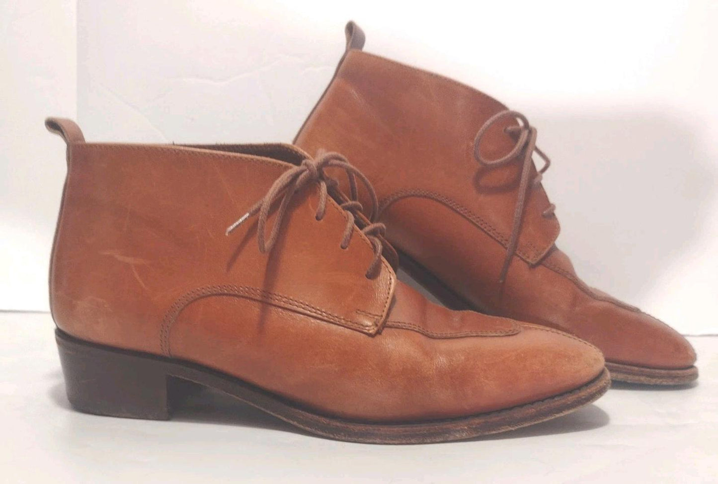 Vintage J. Peterman Leather Ankle Booties Made in Italy Tan Lace-Up Sz 5.5B