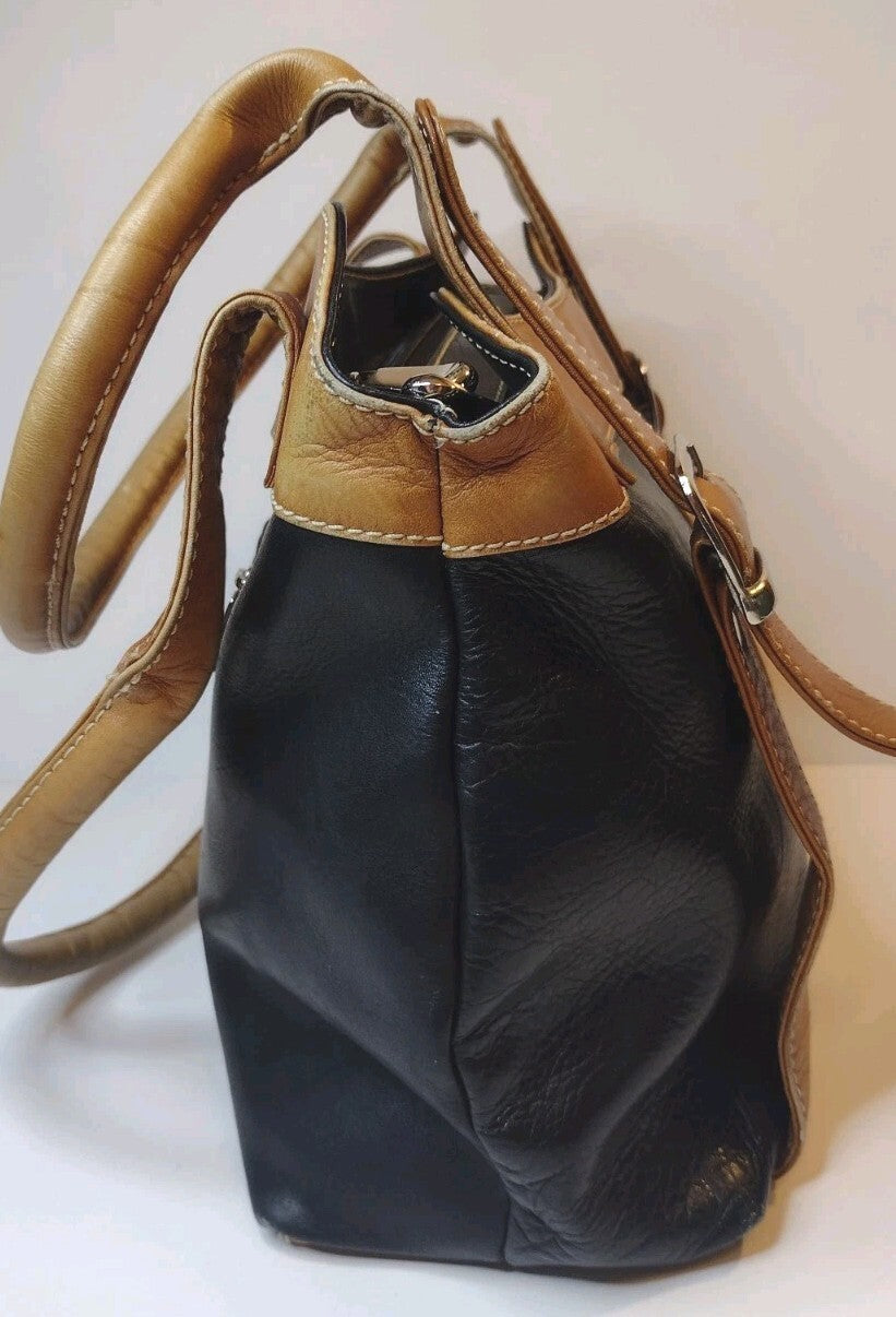 Genuine Leather Shoulder Tote Bag Black Tan Y2K Buckle Satchel Work Office Purse
