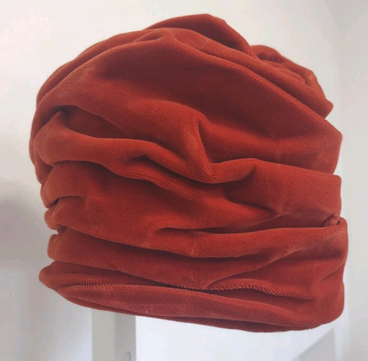 1940s Burnt Orange Velvet Turban Hat Pleated Sculptural Toque Handmade Vintage