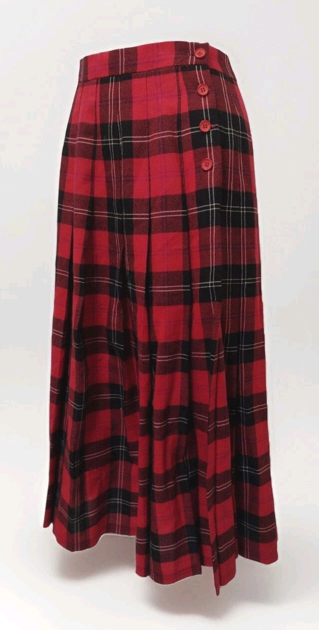 Vintage 70s Deans of Scotland Wool Tartan Midi Skirt Size 6 Red Plaid Preppy