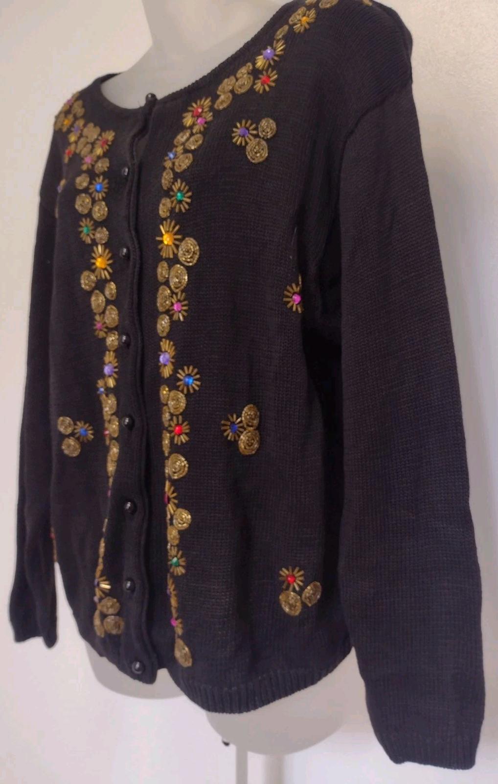 Vintage Trimmings Ramie Cotton Beaded Cardigan Sweater M Black Embellished