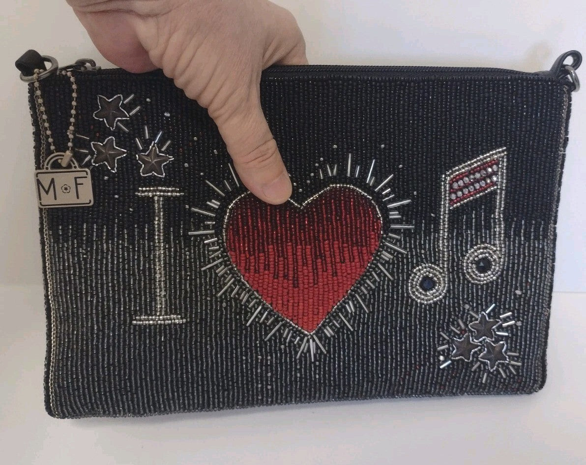 Mary Frances Womens Hand Beaded Crossbody Clutch Music Heart Black Red Bag