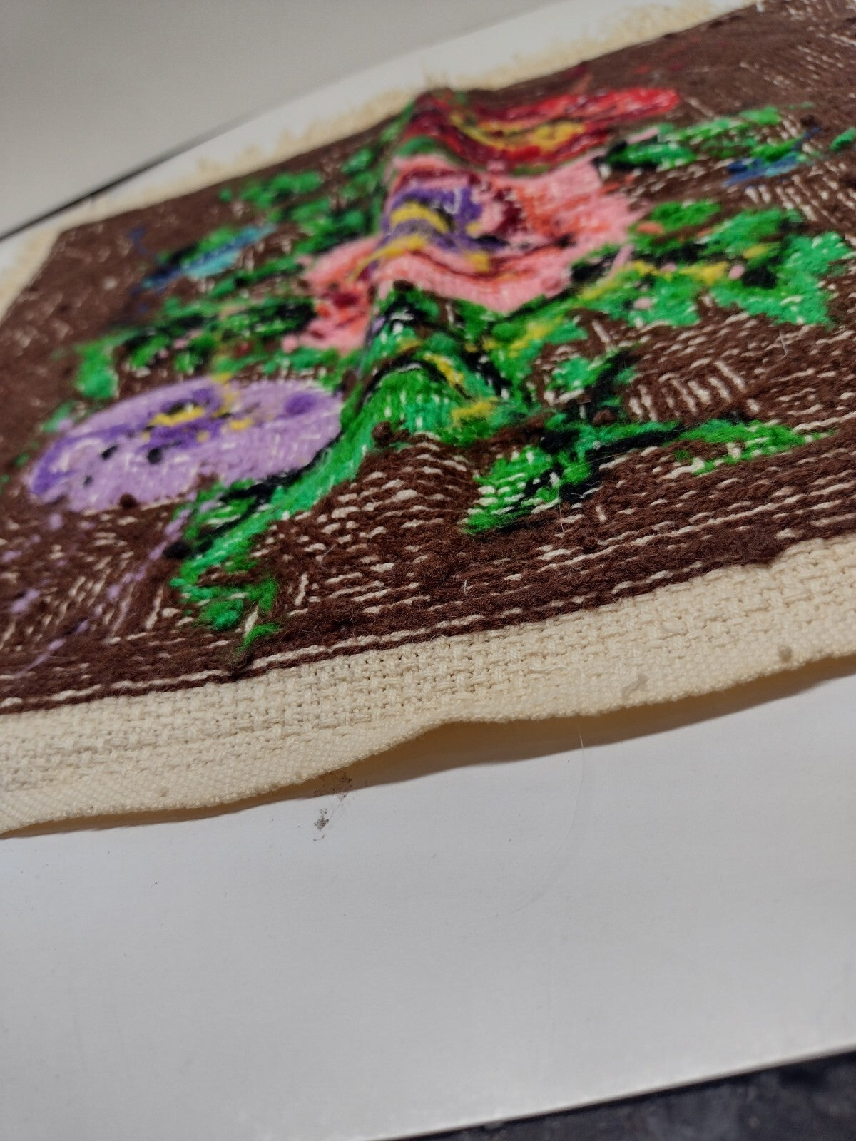 Vintage 60s 70s Floral Needlepoint Tapestry Folk Art Fringed Textile Panel