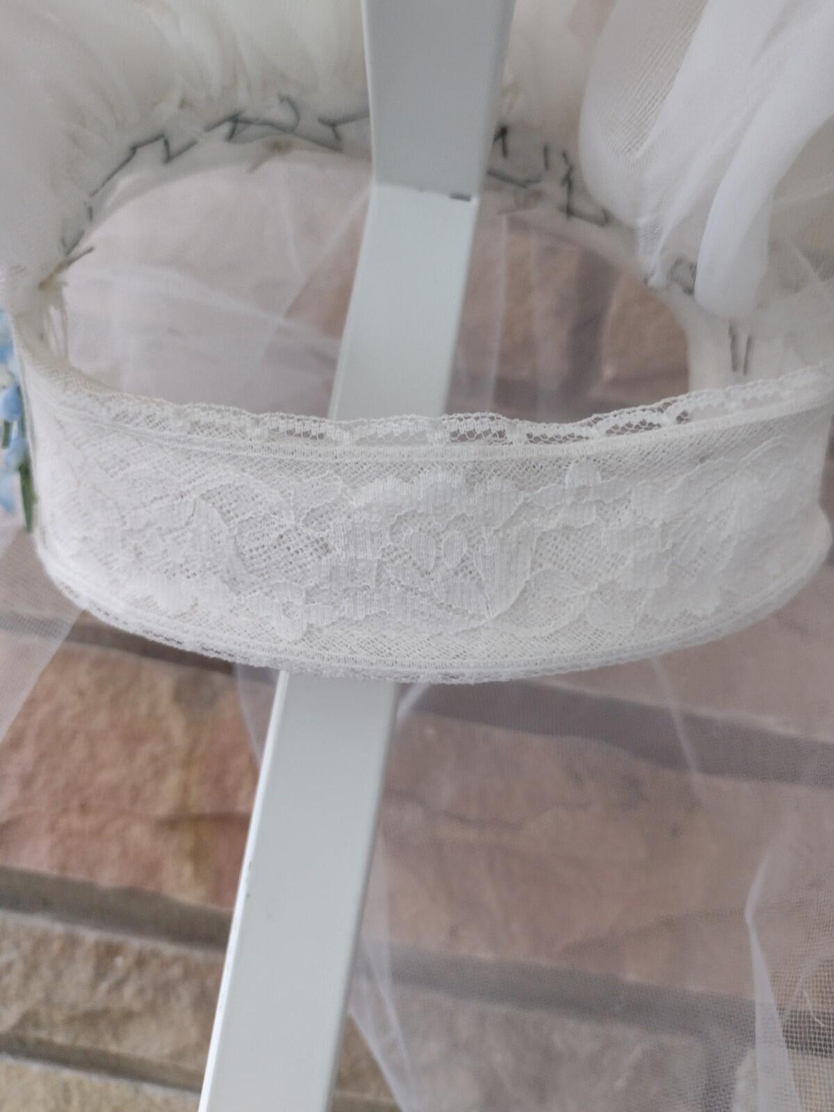 Vintage 1950s Handmade Bridal Juliet Cap Veil w/ Blue Flowers 37” Tulle