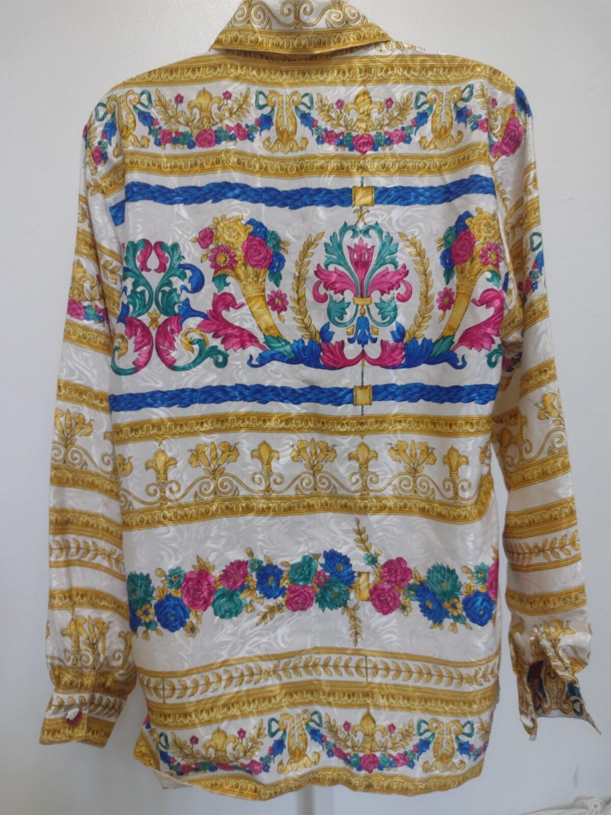 Pierre Cardin Baroque Satin Shirt L Gold Floral Scroll Vintage Luxe 80s