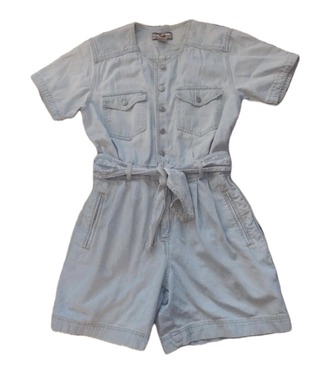 Vintage 80s / 90s Gloria Vanderbilt Denim Romper Light Blue Distressed W Belt PS