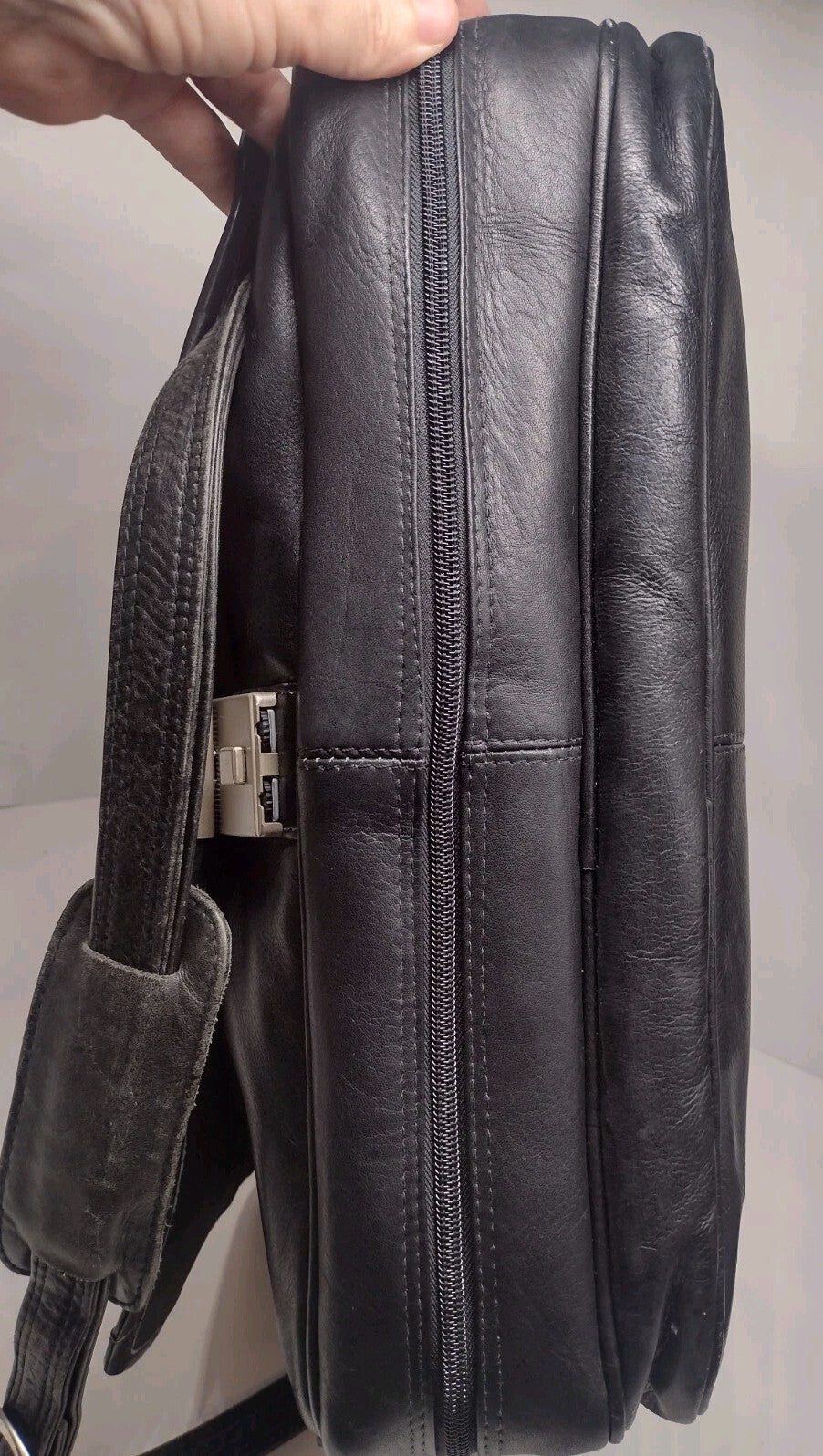 90s Black Genuine Leather Expandable Briefcase Amiet Swiss Lock Executive Bag