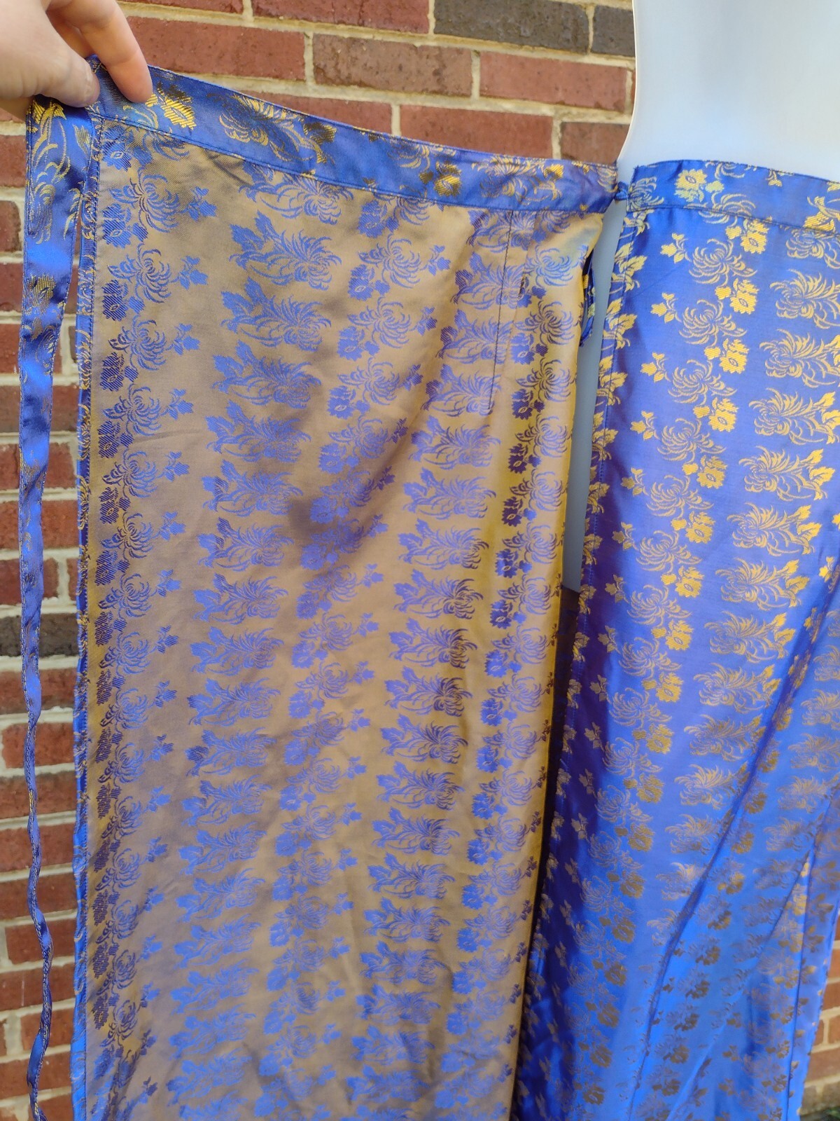 Soho Village Wear Wrap Maxi Skirt Blue Gold Floral Brocade Chinoiserie Boho M