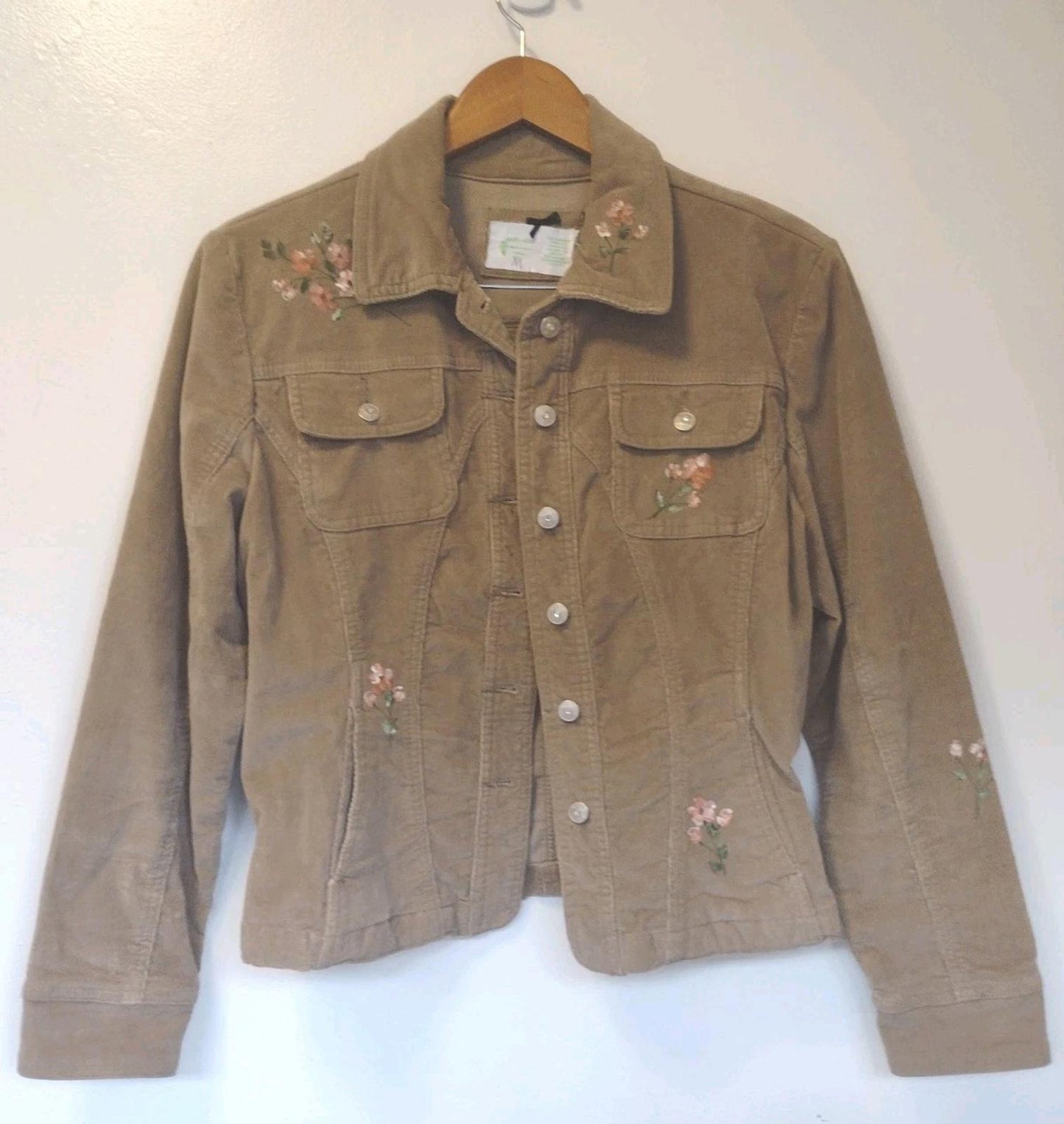 Daffy-Dills Hand Painted Floral Micro Corduroy Jacket Stretch Brown M