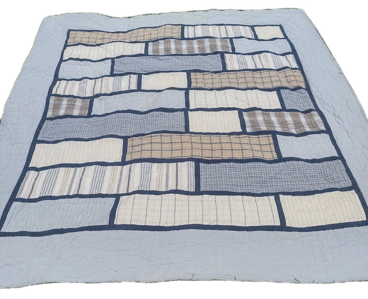 Woolrich Full Queen Quilt Blue Patchwork Plaid Reversible Cotton Farmhouse