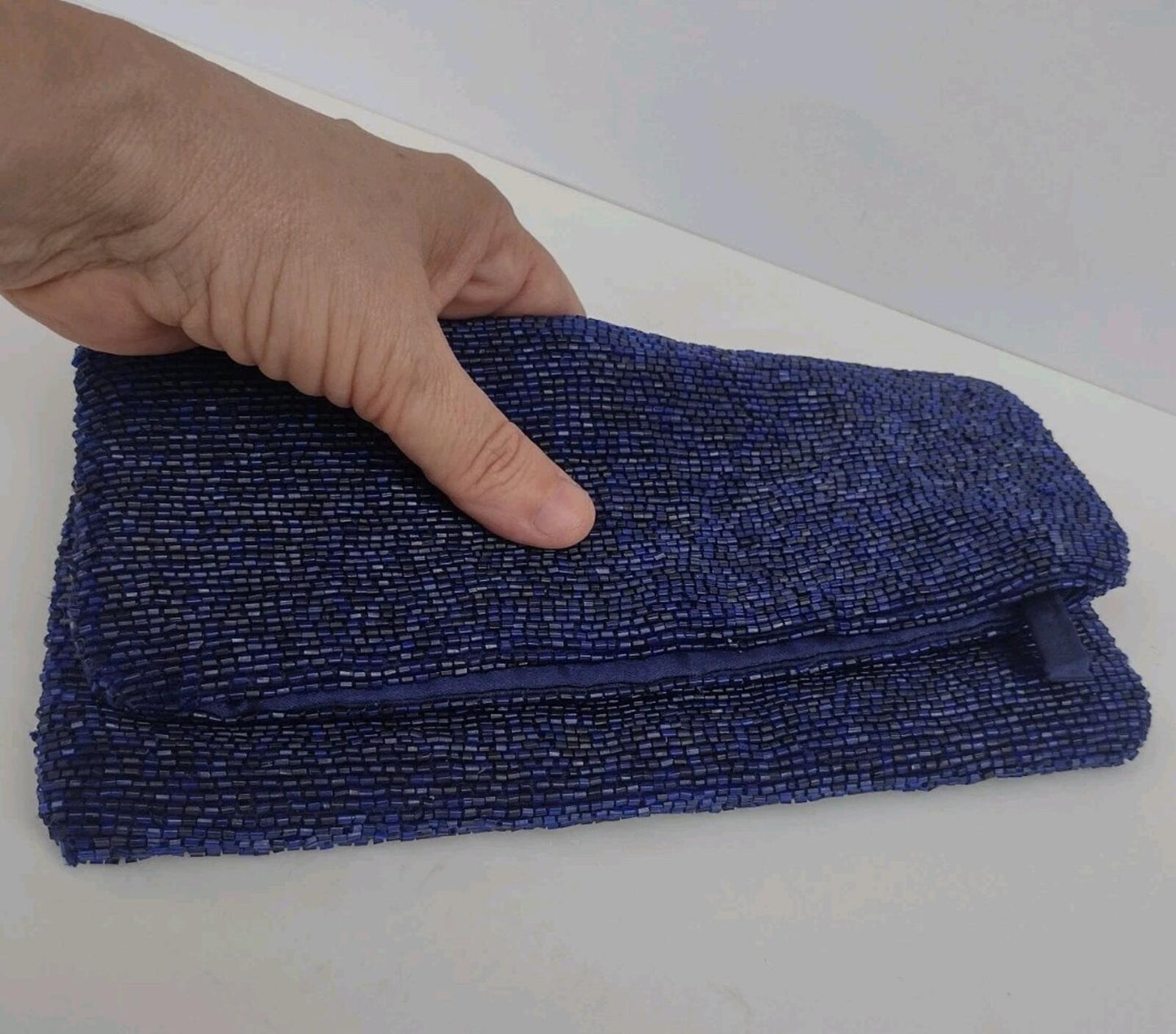 NWOT  Navy Beaded Envelope Style Clutch Extendible Royal Blue Bugle Beads
