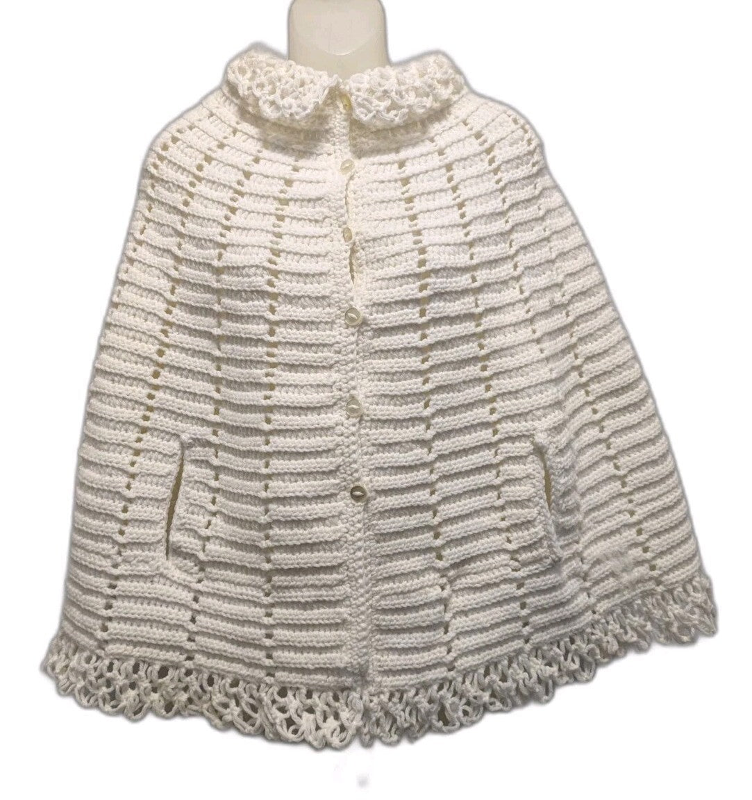 Vintage Hand Crocheted Cape White Scalloped Ruffle Collar Button Arm Slit OSFM