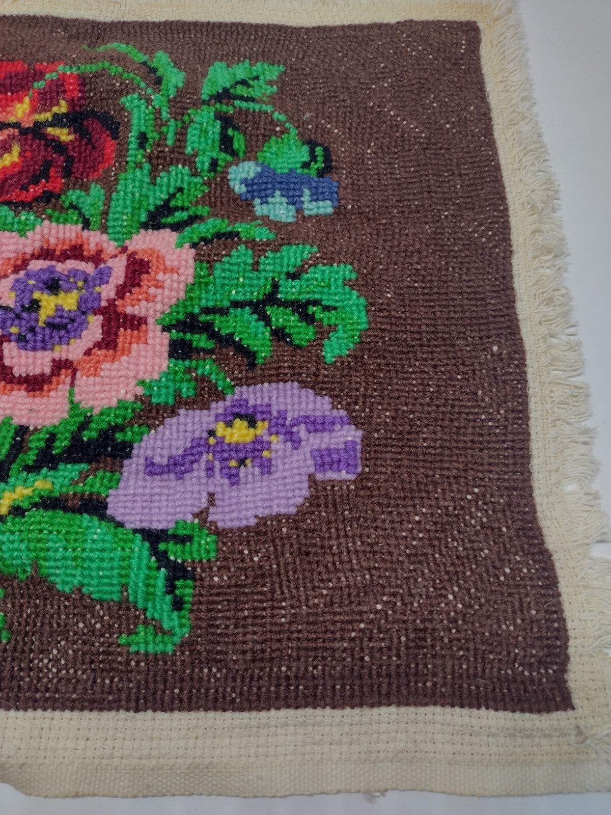Vintage 60s 70s Floral Needlepoint Tapestry Folk Art Fringed Textile Panel