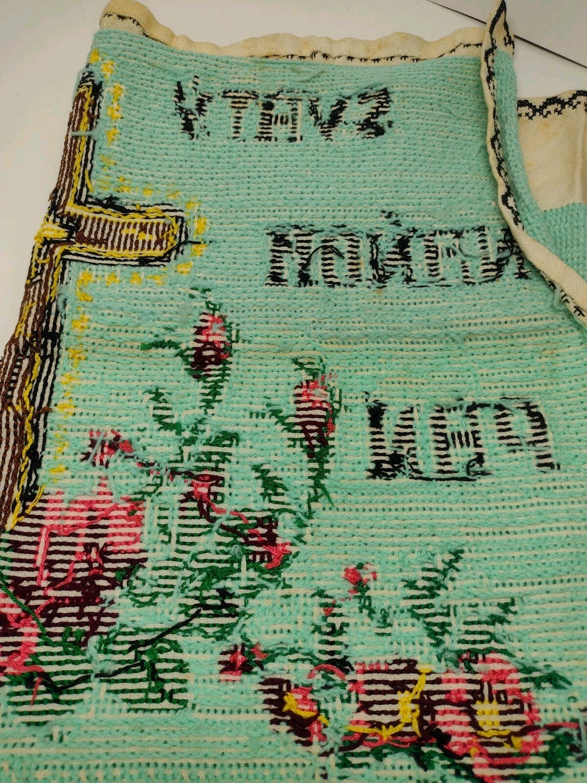 Vintage 40s Slovak Christian Needlepoint Holy Cross Jesus Roses Folk Art Textile