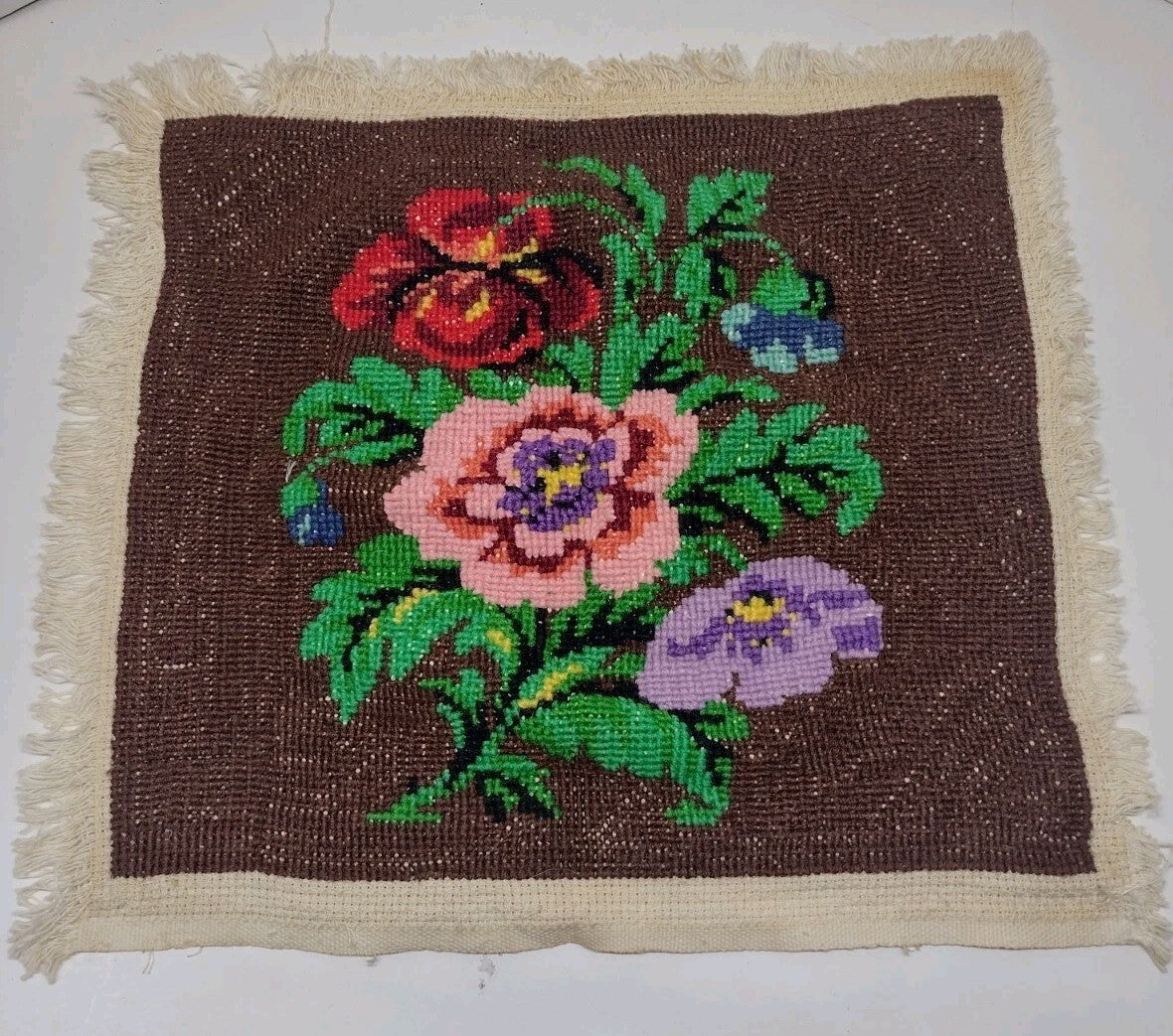 Vintage 60s 70s Floral Needlepoint Tapestry Folk Art Fringed Textile Panel