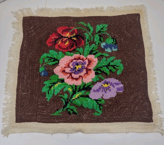 Vintage 60s 70s Floral Needlepoint Tapestry Folk Art Fringed Textile Panel